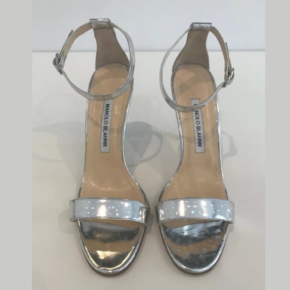 MANOLO BLAHNIK CHAOS SILVER SPECCHIO SANDALS SIZE IT 37.5 / US 7.5 NIB!